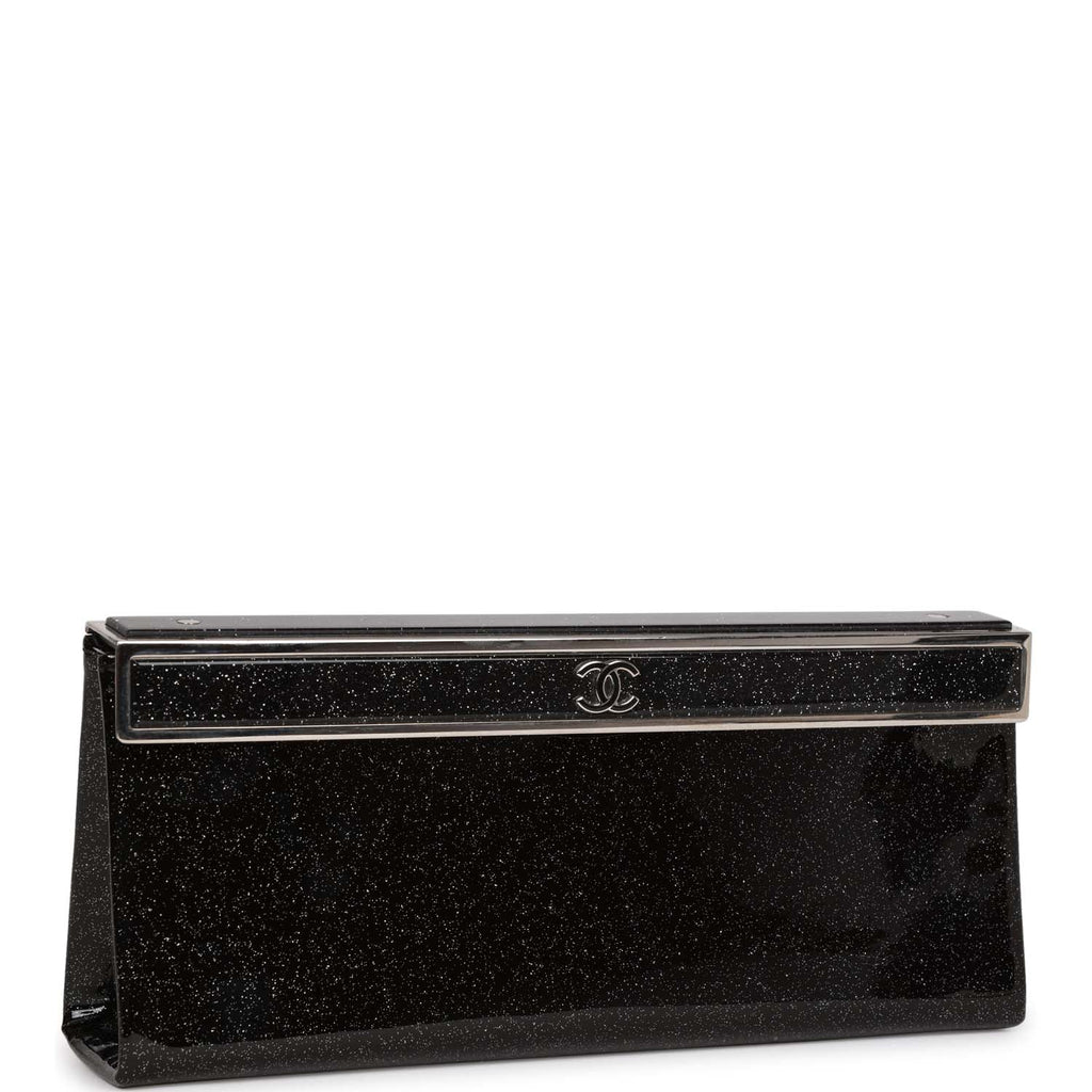 Chanel Minaudiere Long Frame Clutch Black Glitter Patent Silver Hardware