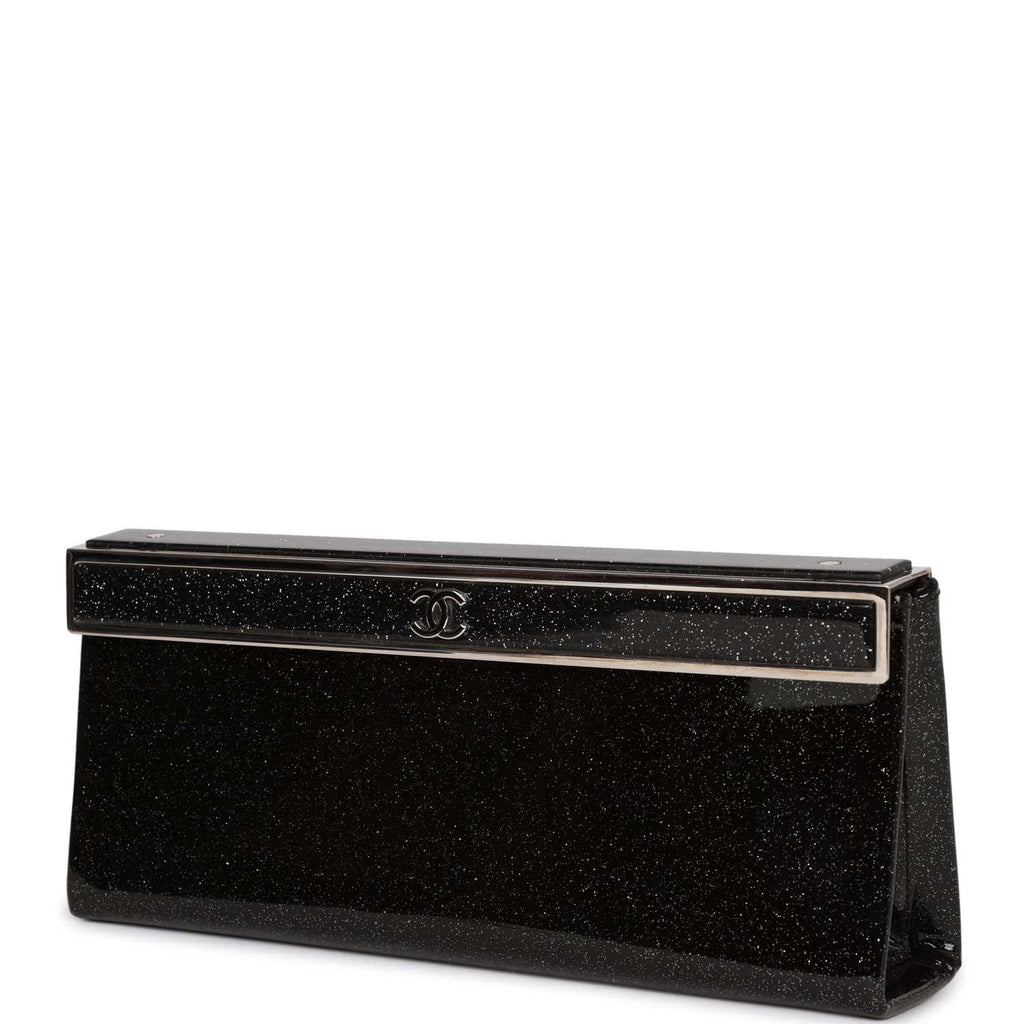 Chanel Minaudiere Long Frame Clutch Black Glitter Patent Silver Hardware