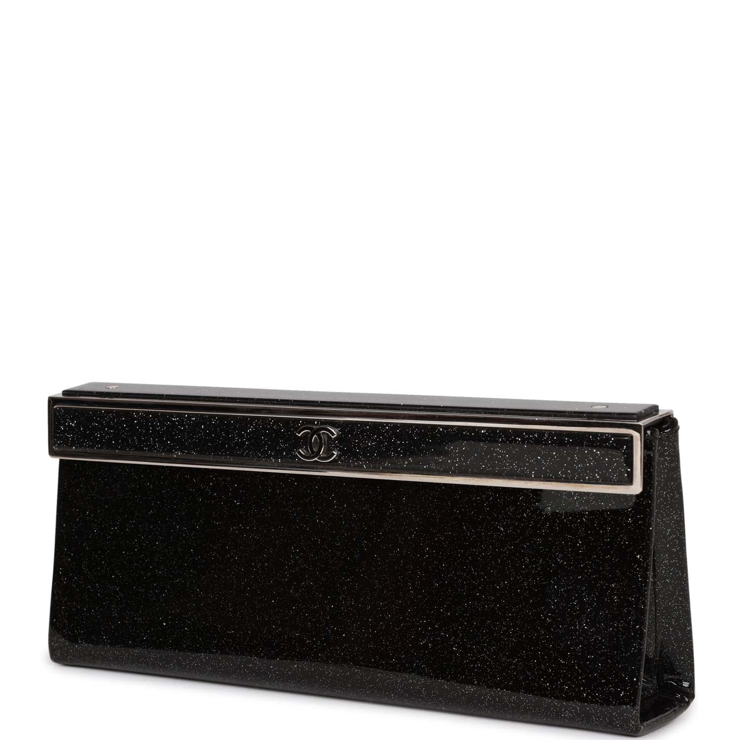 Chanel Minaudiere Long Frame Clutch Black Glitter Patent Silver Hardware