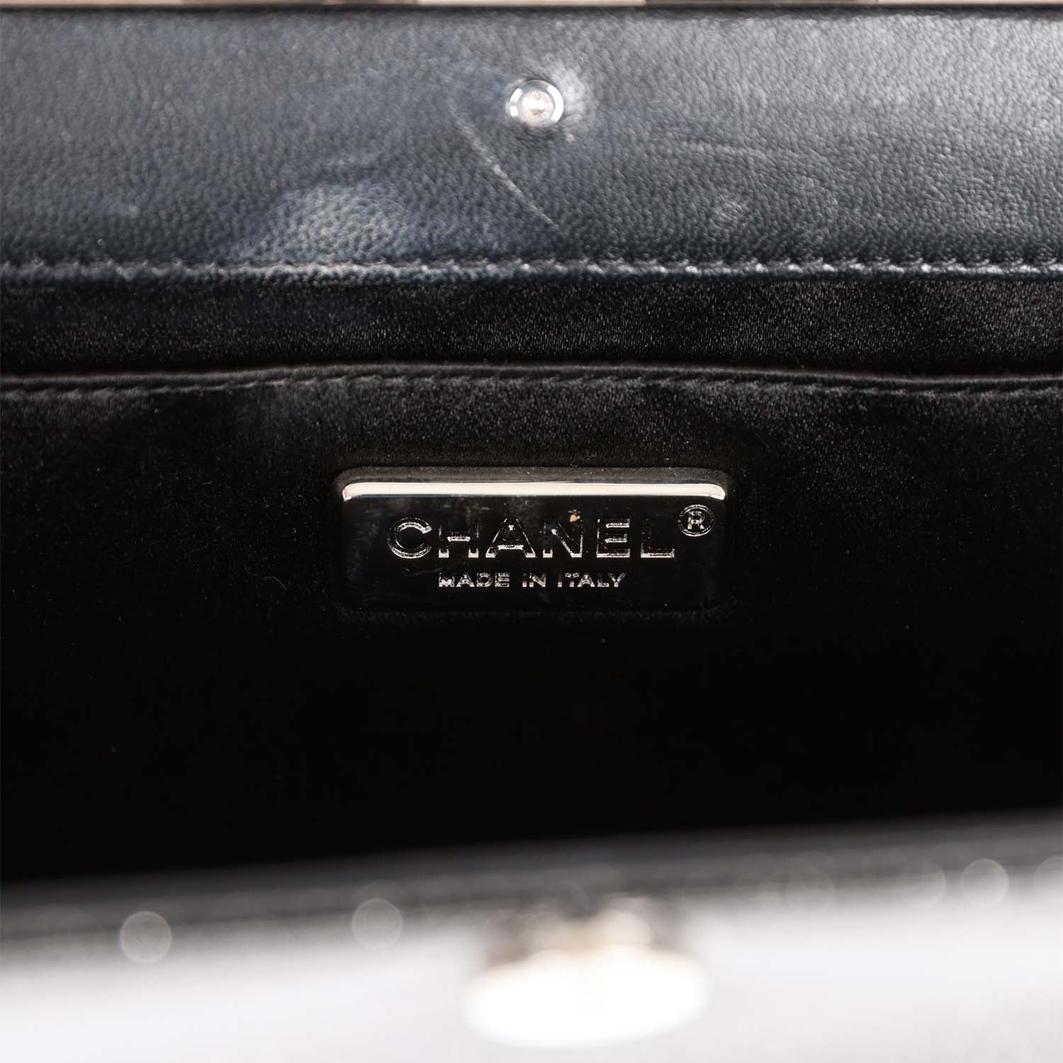 Chanel Minaudiere Long Frame Clutch Black Glitter Patent Silver Hardware