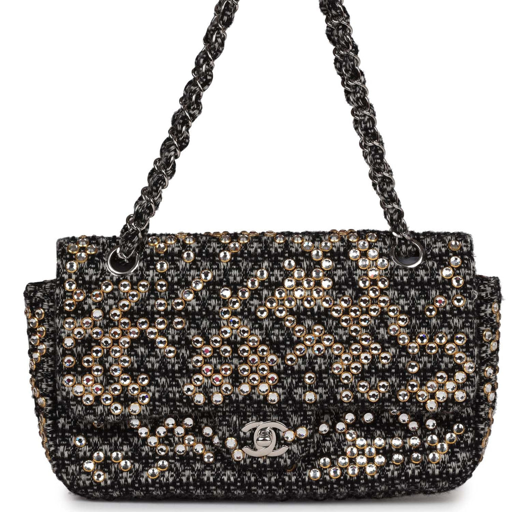 Chanel Medium Single Flap Black and White Tweed With Crystals Silver Hardware