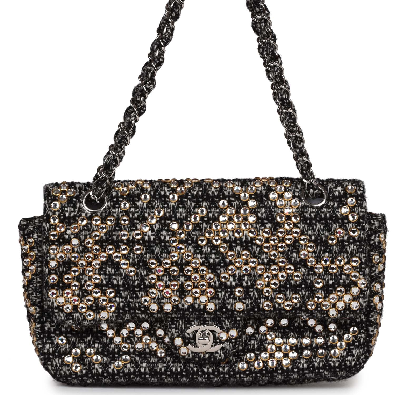 Chanel Medium Single Flap Black and White Tweed With Crystals Silver Hardware