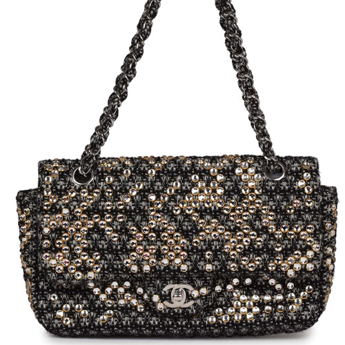 Chanel Medium Single Flap Black and White Tweed With Crystals Silver Hardware