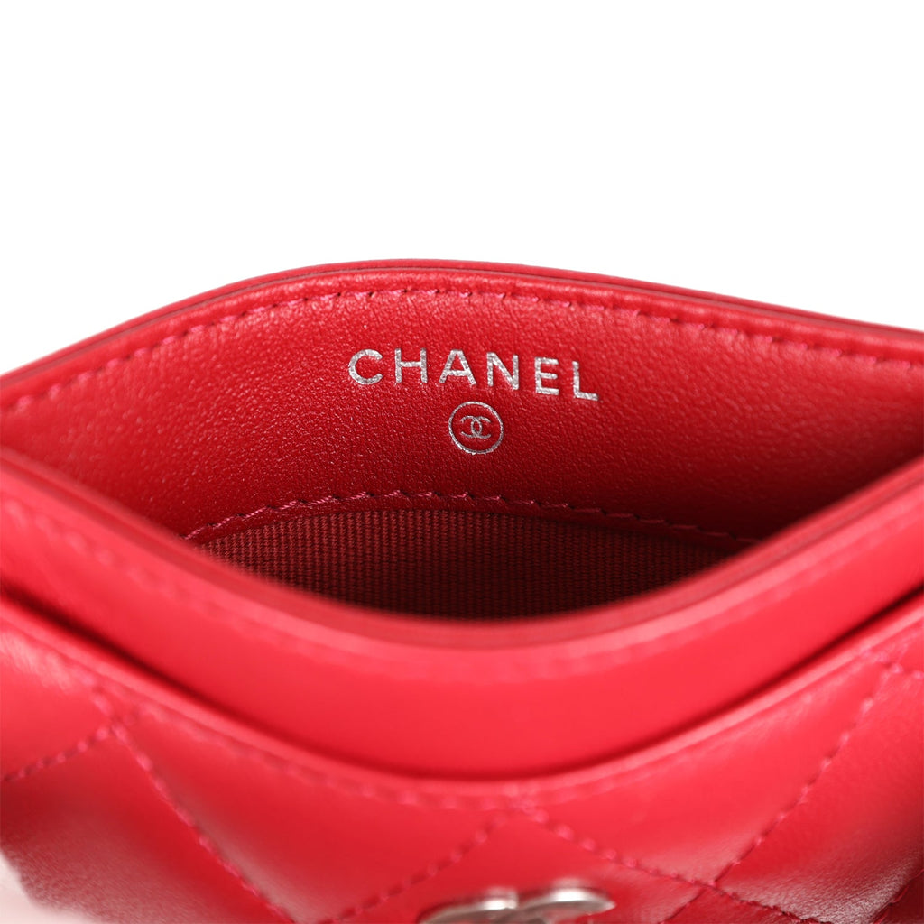 Chanel Card Holder Wallet Red Lambskin Silver Hardware