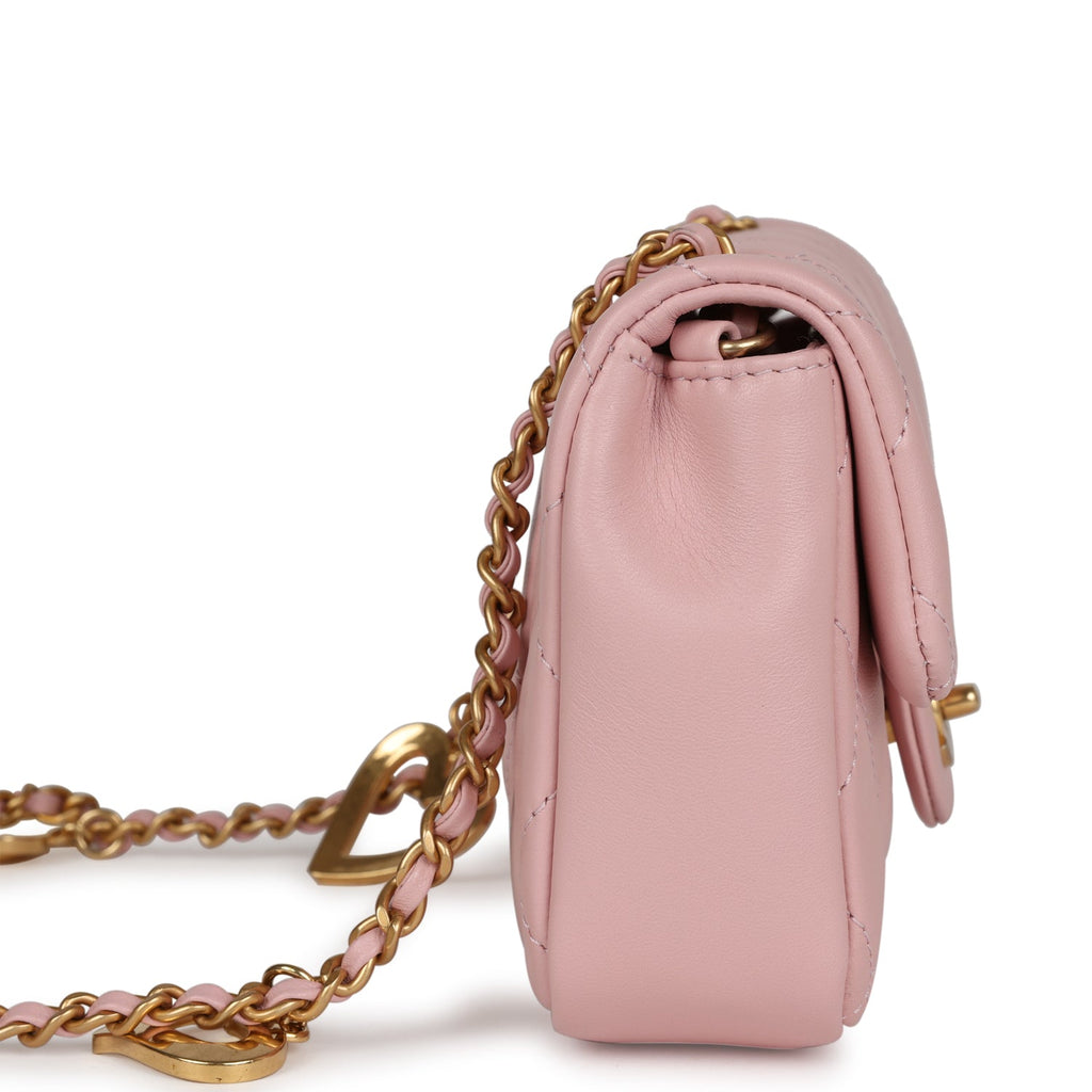 Chanel Mini Rectangular Flap Bag with Heart Chain Pink Lambskin Brushed Gold Hardware