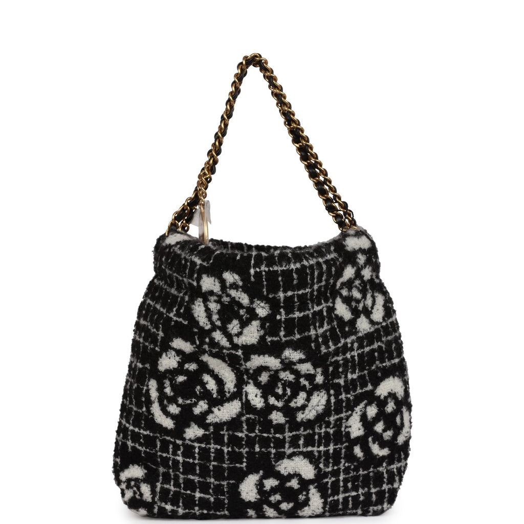 Chanel Mini 22 Bag Black and White Floral Tweed Gold Hardware