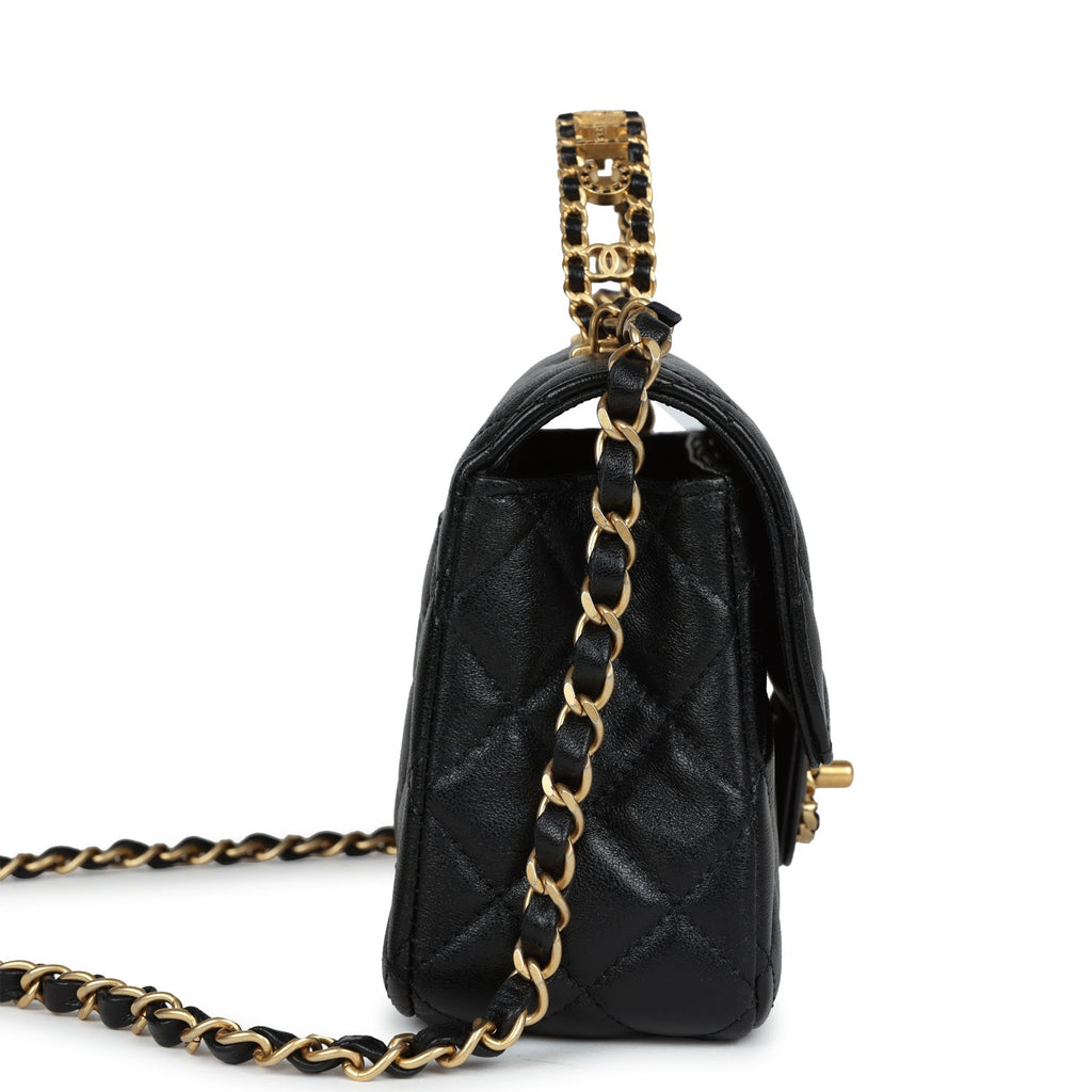 Chanel Mini Rectangular Flap with Top Handle Black Lambskin Antique Gold Hardware