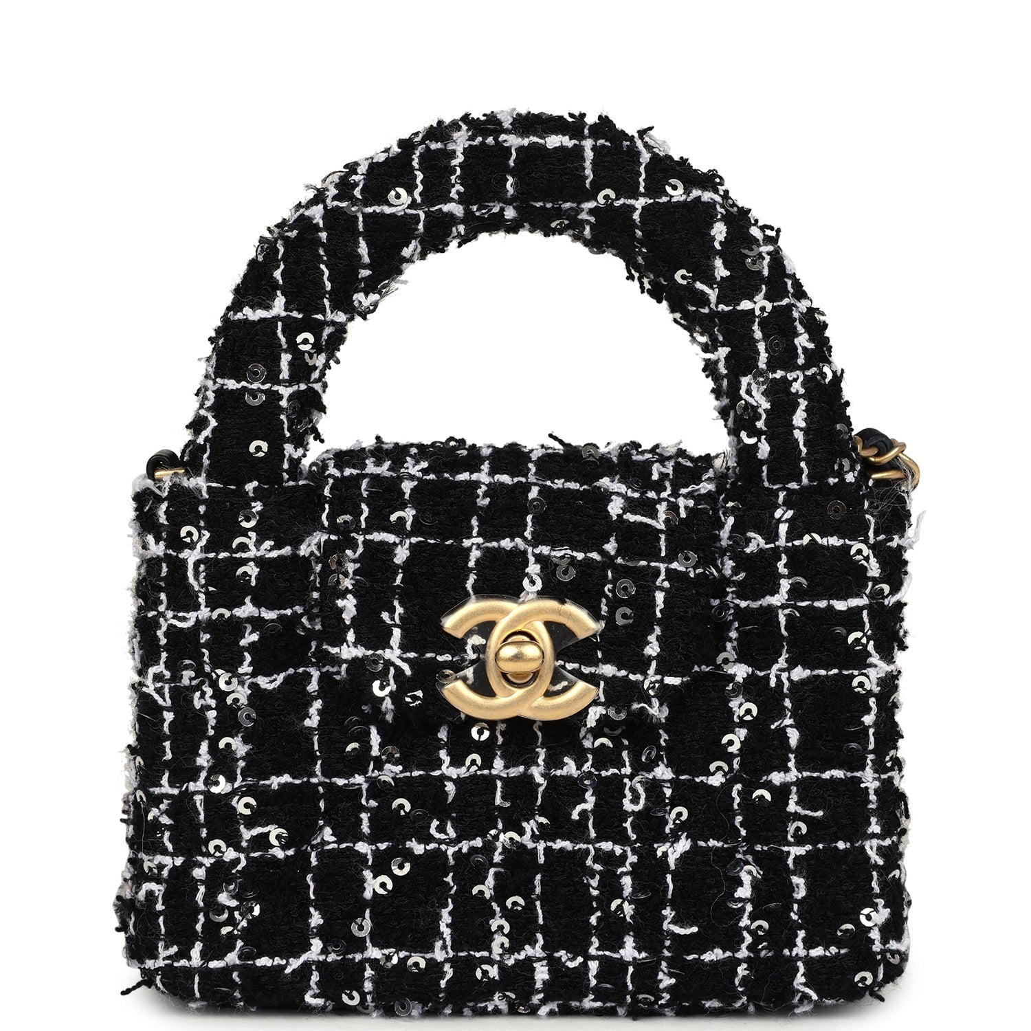 Chanel Nano Kelly Shopper Black, White & Silver Sequin Tweed Brushed Gold Hardware