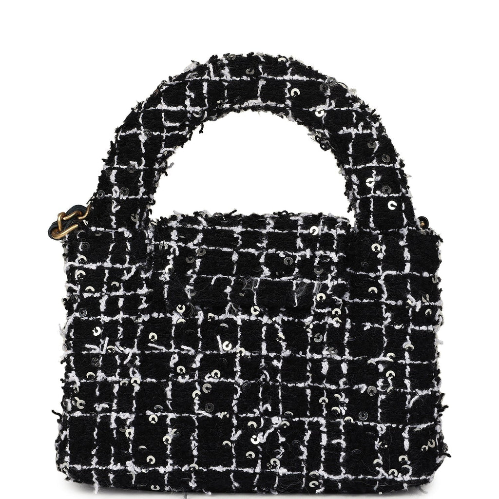 Chanel Nano Kelly Shopper Black, White & Silver Sequin Tweed Brushed Gold Hardware