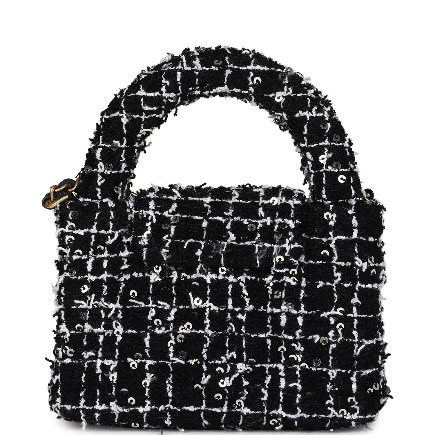 Chanel Nano Kelly Shopper Black, White & Silver Sequin Tweed Brushed Gold Hardware