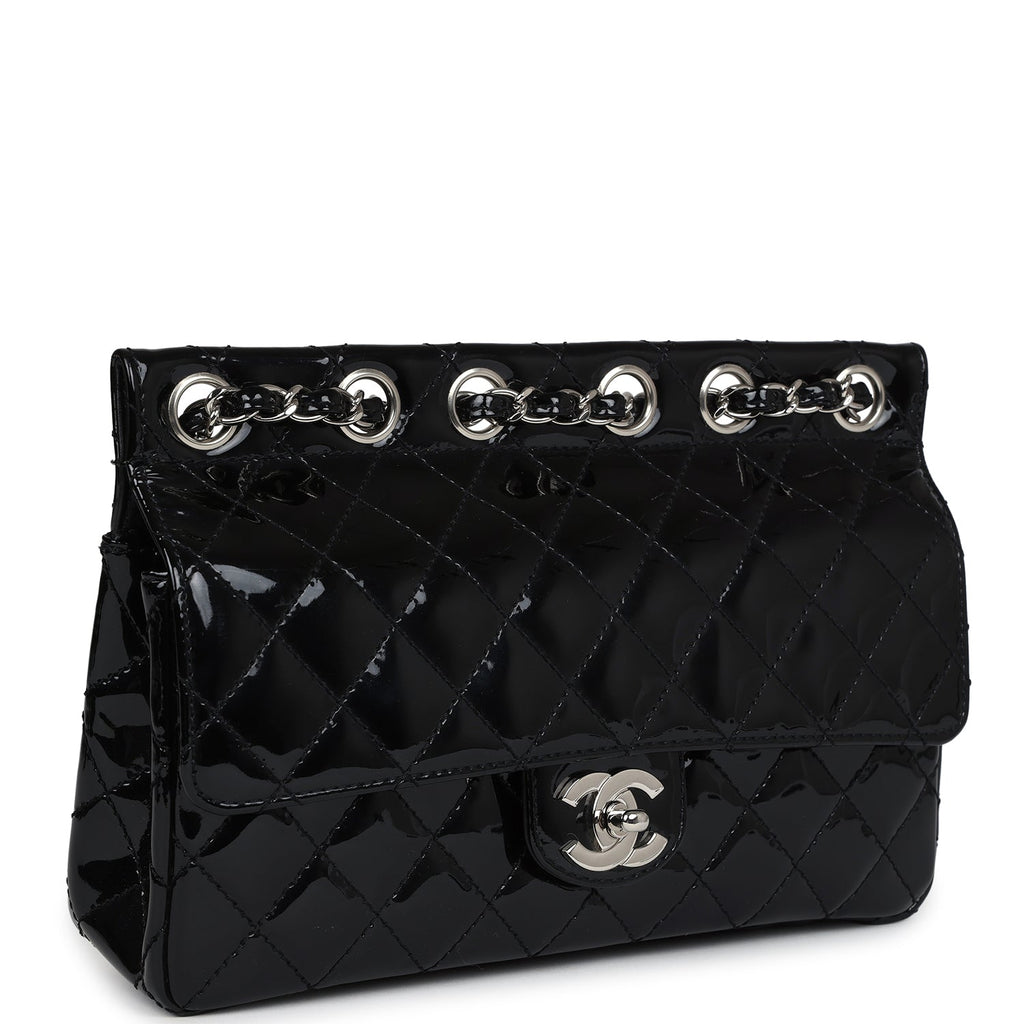 Vintage Chanel Chain Through Flap Bag Black Patent Silver Hardware