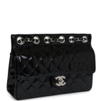 Vintage Chanel Chain Through Flap Bag Black Patent Silver Hardware