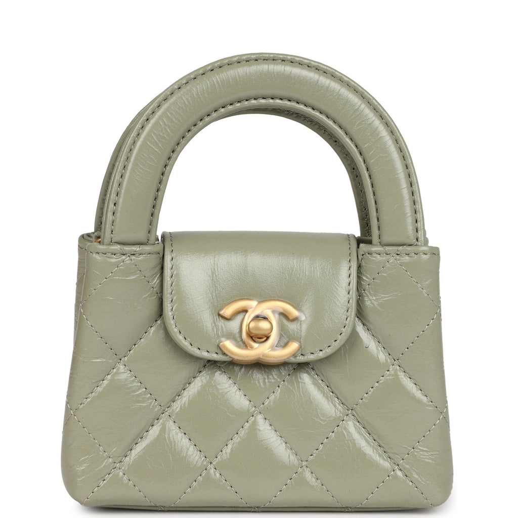 Chanel Nano Kelly Shopper Khaki Shiny Aged Calfskin Brushed Gold Hardware