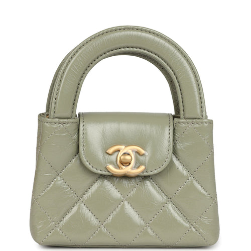 Chanel Nano Kelly Shopper Khaki Shiny Aged Calfskin Brushed Gold Hardware