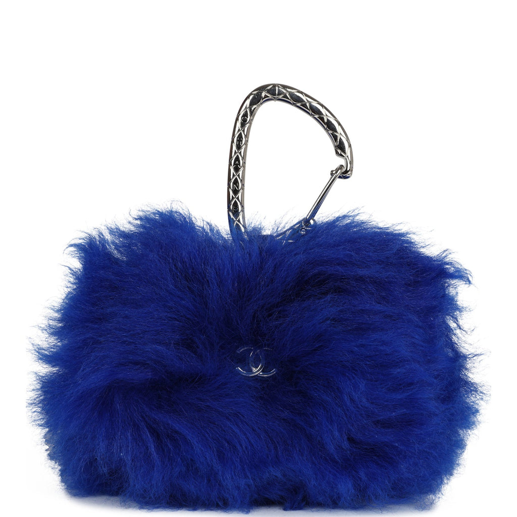 Chanel Mini Clutch Bag Dark Blue Shearling Silver Hardware