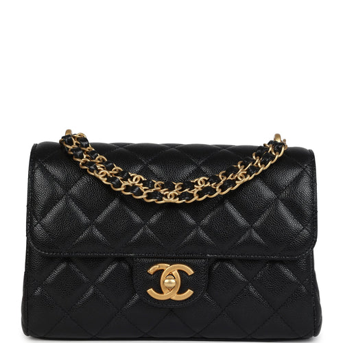 Chanel Small Top Handle Flap Bag Black Shiny Grained Calfskin Brushed Gold Hardware