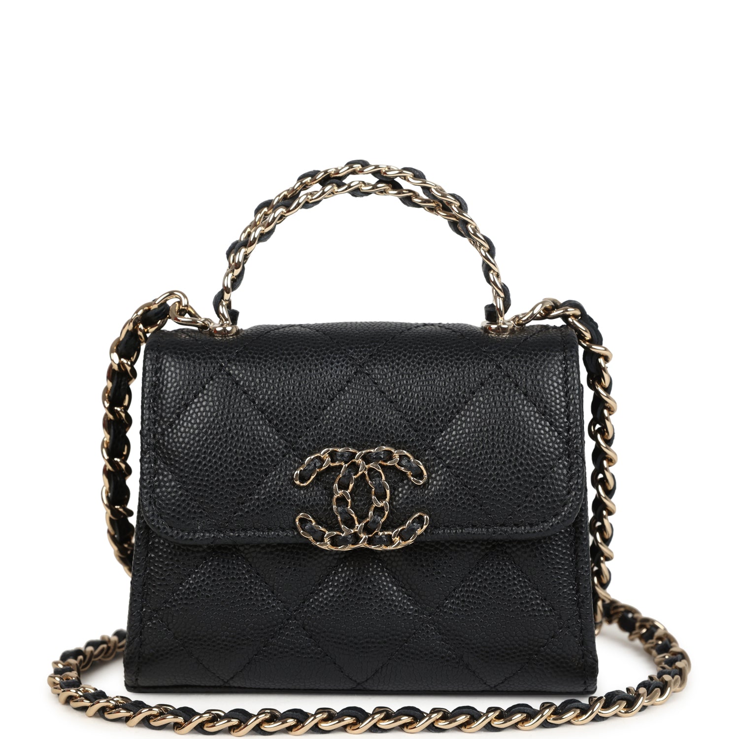 Chanel Nano Clutch with Chain Black Caviar Light Gold Hardware