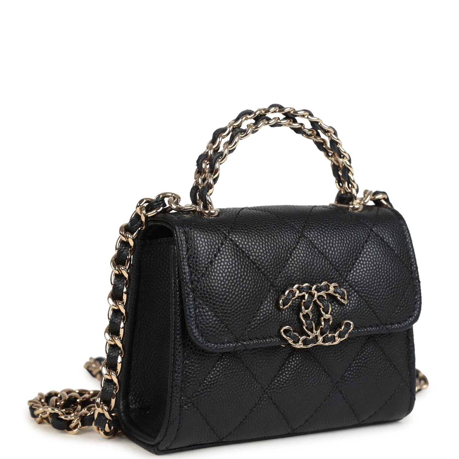 Chanel Nano Clutch with Chain Black Caviar Light Gold Hardware