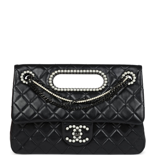 Chanel Large Double Flap Bag with Pearl Cut Out Handle Black Shiny Lambskin Black Hardware
