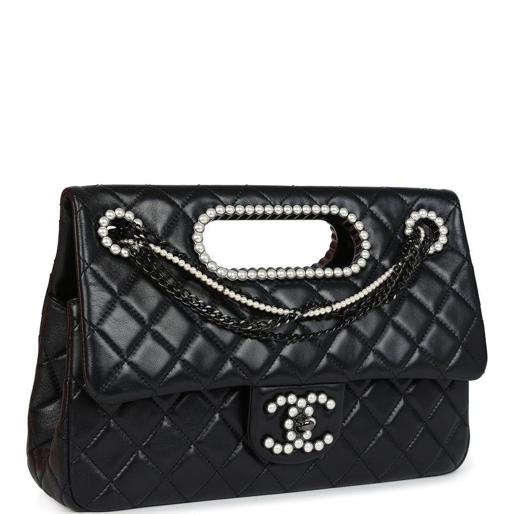 Chanel Large Double Flap Bag with Pearl Cut Out Handle Black Shiny Lambskin Black Hardware