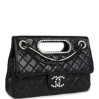 Chanel Large Double Flap Bag with Pearl Cut Out Handle Black Shiny Lambskin Black Hardware