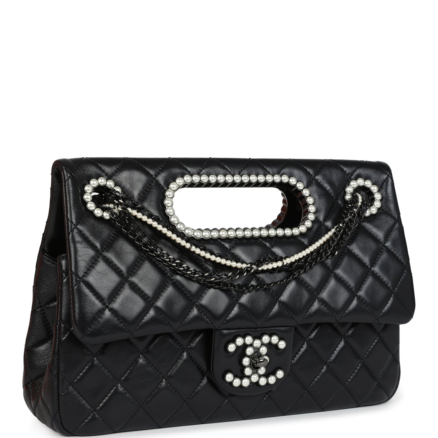 Chanel Large Double Flap Bag with Pearl Cut Out Handle Black Shiny Lambskin Black Hardware