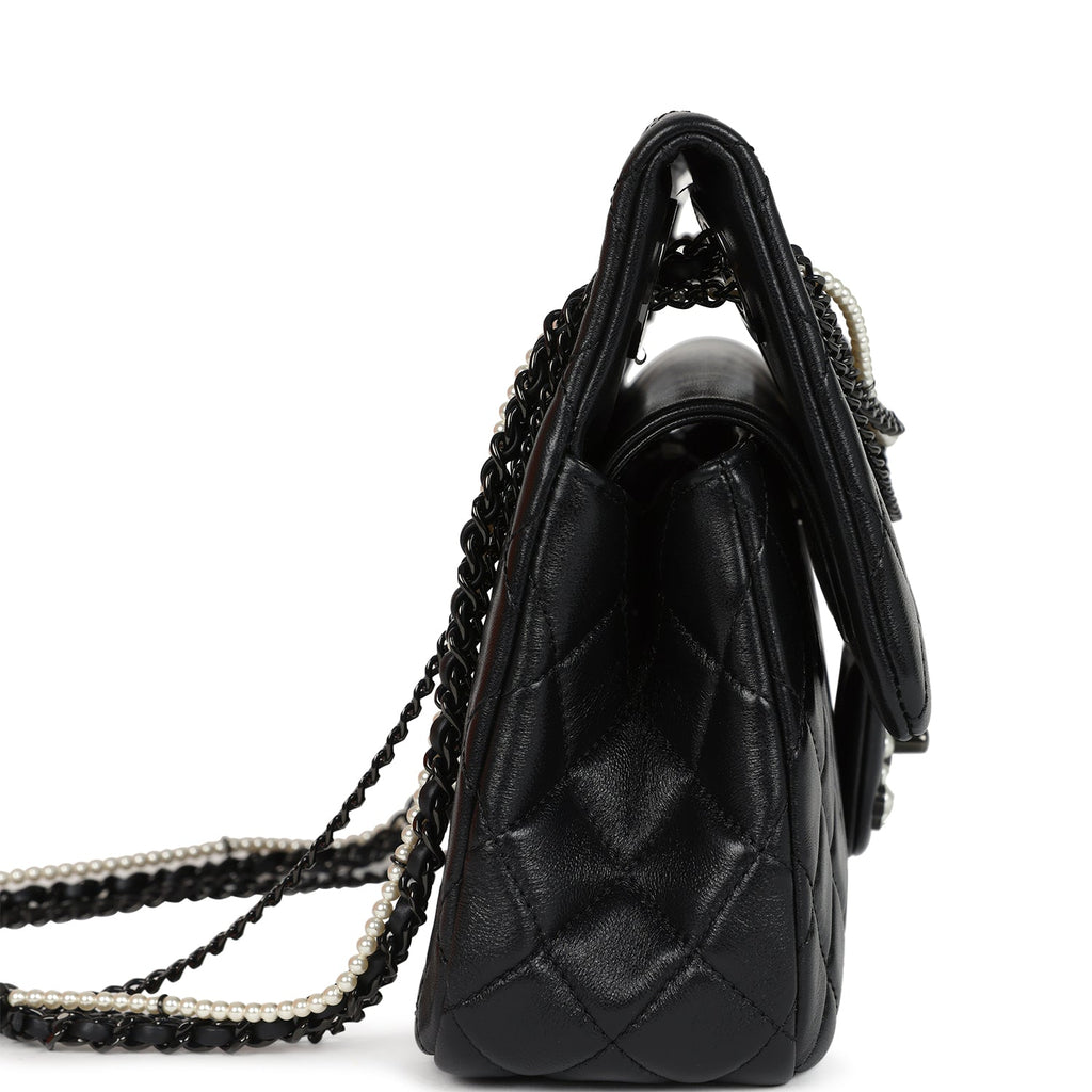 Chanel Large Double Flap Bag with Pearl Cut Out Handle Black Shiny Lambskin Black Hardware