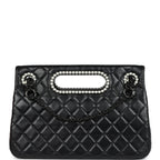 Chanel Large Double Flap Bag with Pearl Cut Out Handle Black Shiny Lambskin Black Hardware