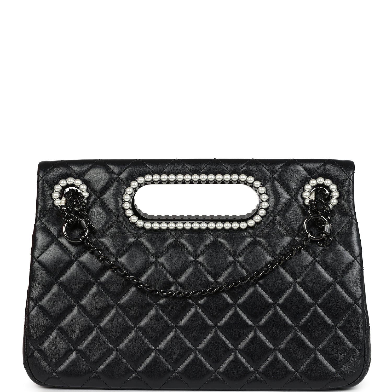 Chanel Large Double Flap Bag with Pearl Cut Out Handle Black Shiny Lambskin Black Hardware