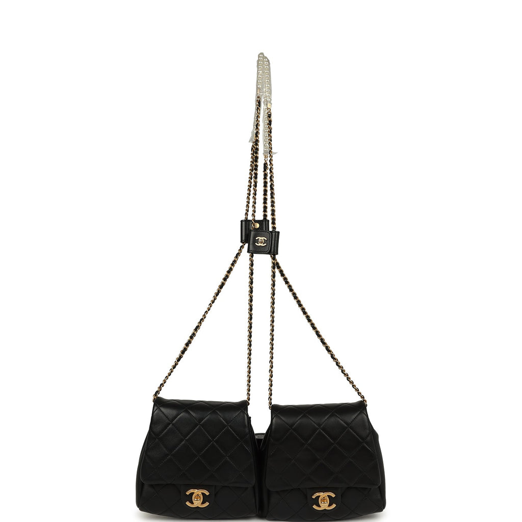 Chanel Twins Side Pack Black Lambskin Faux Pearls & Brushed Gold Hardware