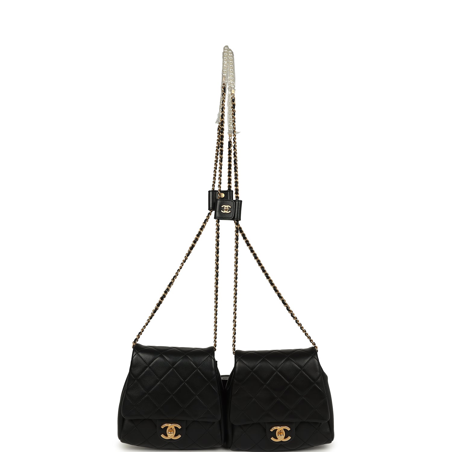 Chanel Twins Side Pack Black Lambskin Faux Pearls & Brushed Gold Hardware