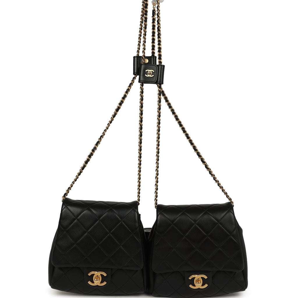 Chanel Twins Side Pack Black Lambskin Faux Pearls & Brushed Gold Hardware