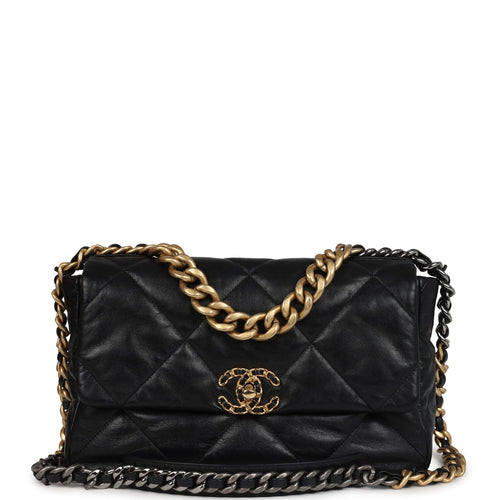 Chanel Large 19 Flap Bag Black Shiny Lambskin Mixed Metal Hardware