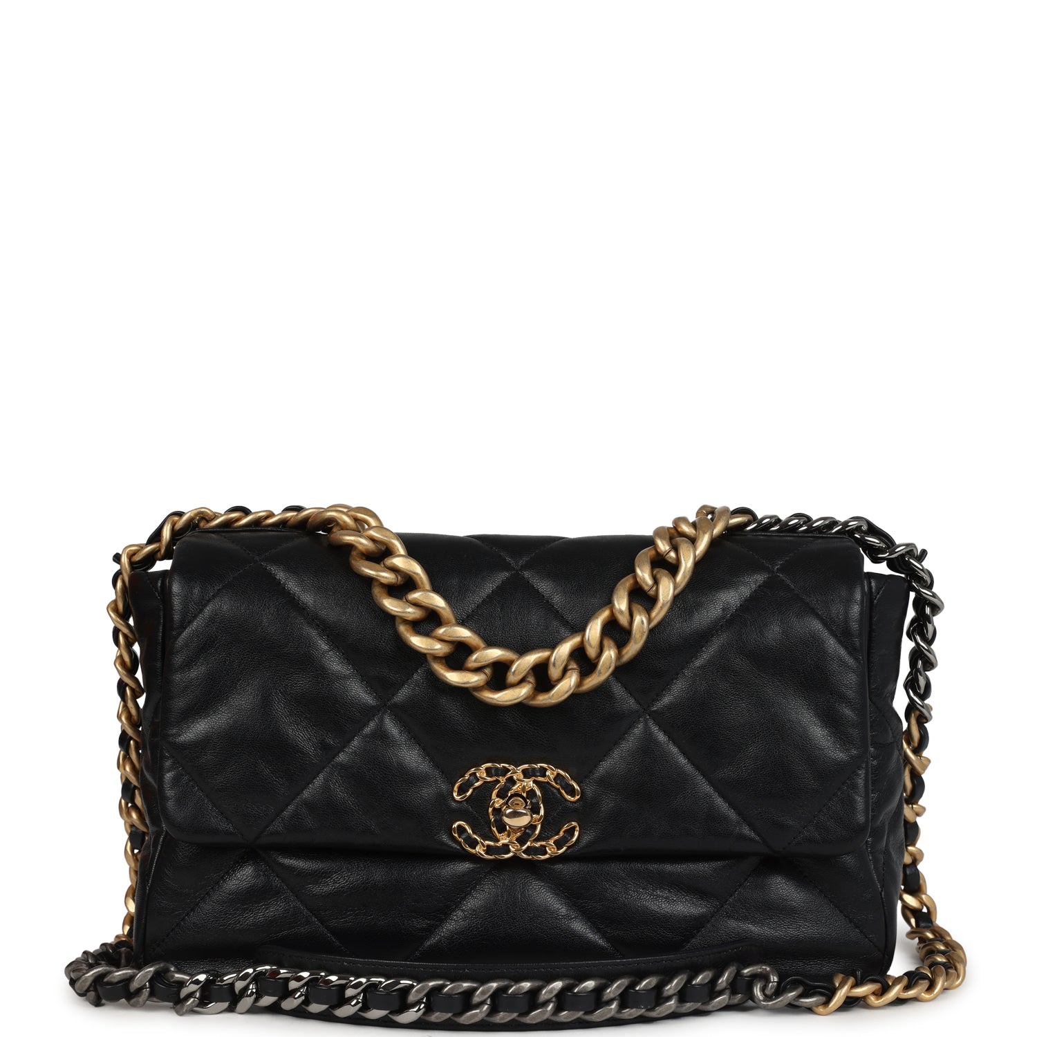 Chanel Large 19 Flap Bag Black Shiny Lambskin Mixed Metal Hardware