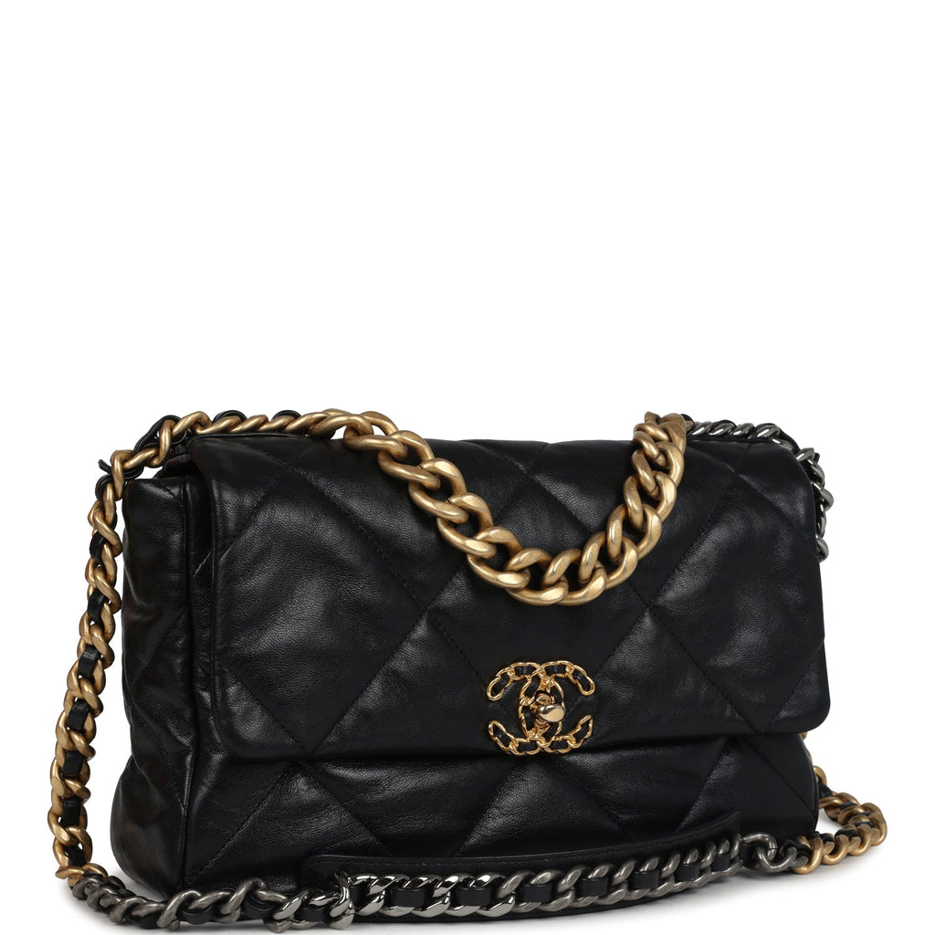 Chanel Large 19 Flap Bag Black Shiny Lambskin Mixed Metal Hardware
