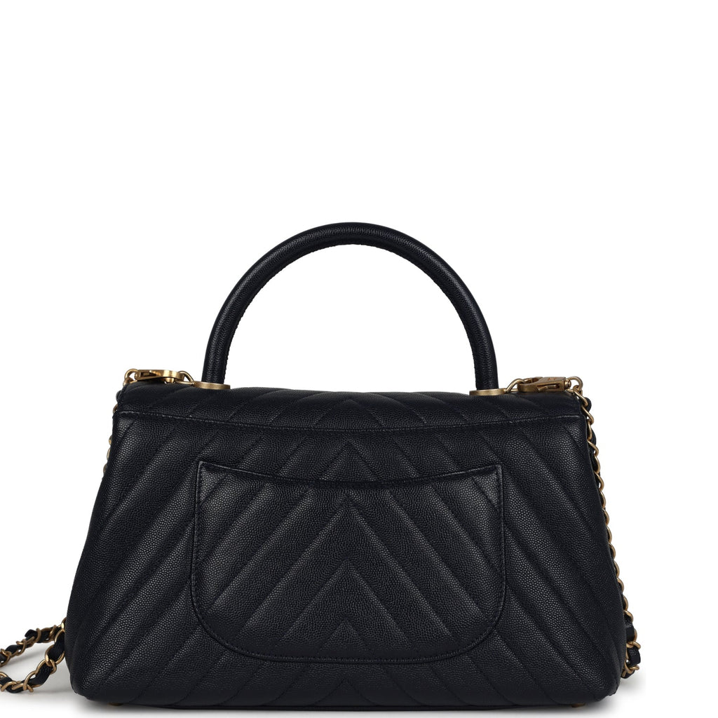Chanel Medium Coco Top Handle Navy Blue Chevron Caviar Antique Gold Hardware