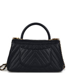 Chanel Medium Coco Top Handle Navy Blue Chevron Caviar Antique Gold Hardware
