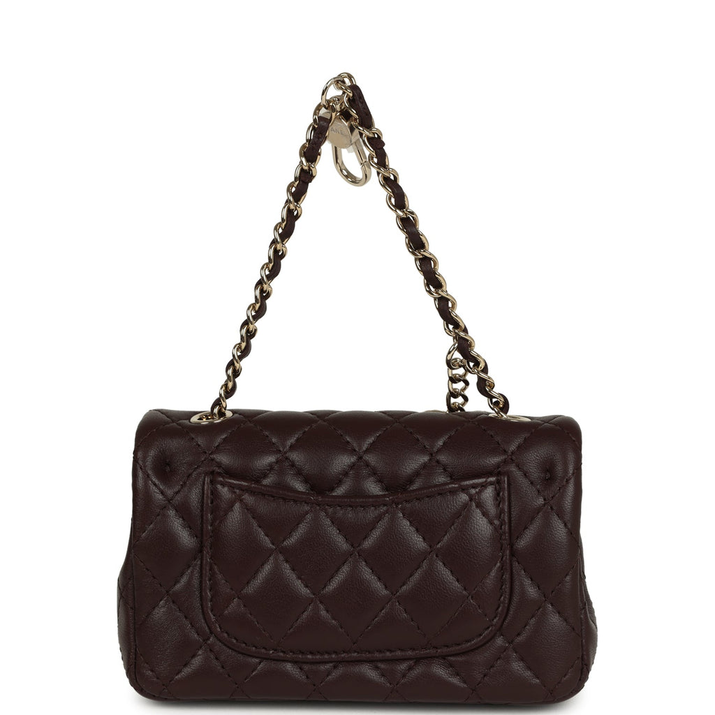Chanel Nano Classic Double Flap Bag Charm Dark Brown Lambskin Light Gold Hardware