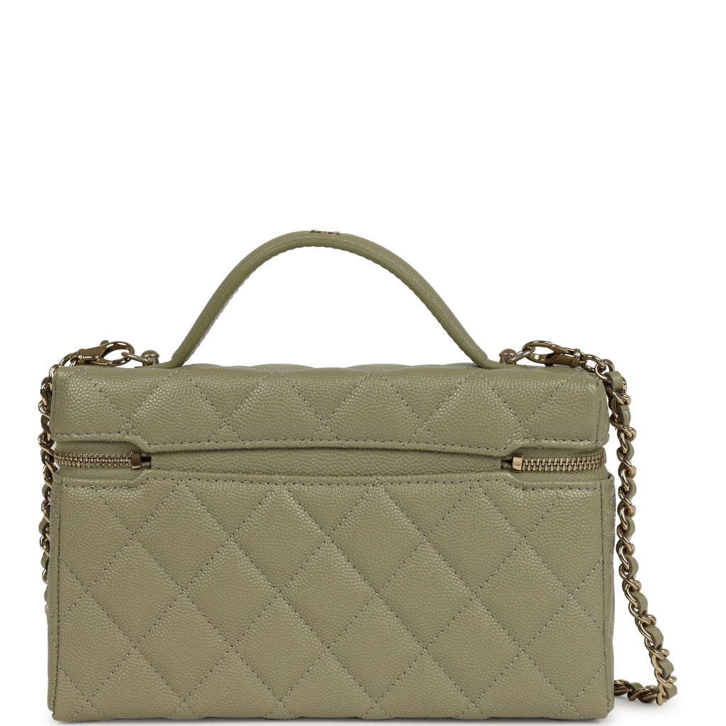 Chanel Trendy Top Handle Long Vanity Case with Chain Khaki Caviar Light Gold Hardware