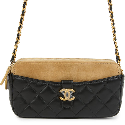Chanel Double Touch Phone Holder with Chain Black & Brown Shiny Lambskin and Suede Brushed Gold Hardware