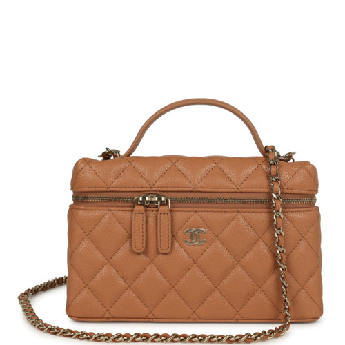 Chanel Top Handle Long Vanity Case with Chain Caramel Shiny Caviar Light Gold Hardware