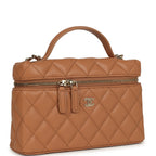 Chanel Top Handle Long Vanity Case with Chain Caramel Shiny Caviar Light Gold Hardware