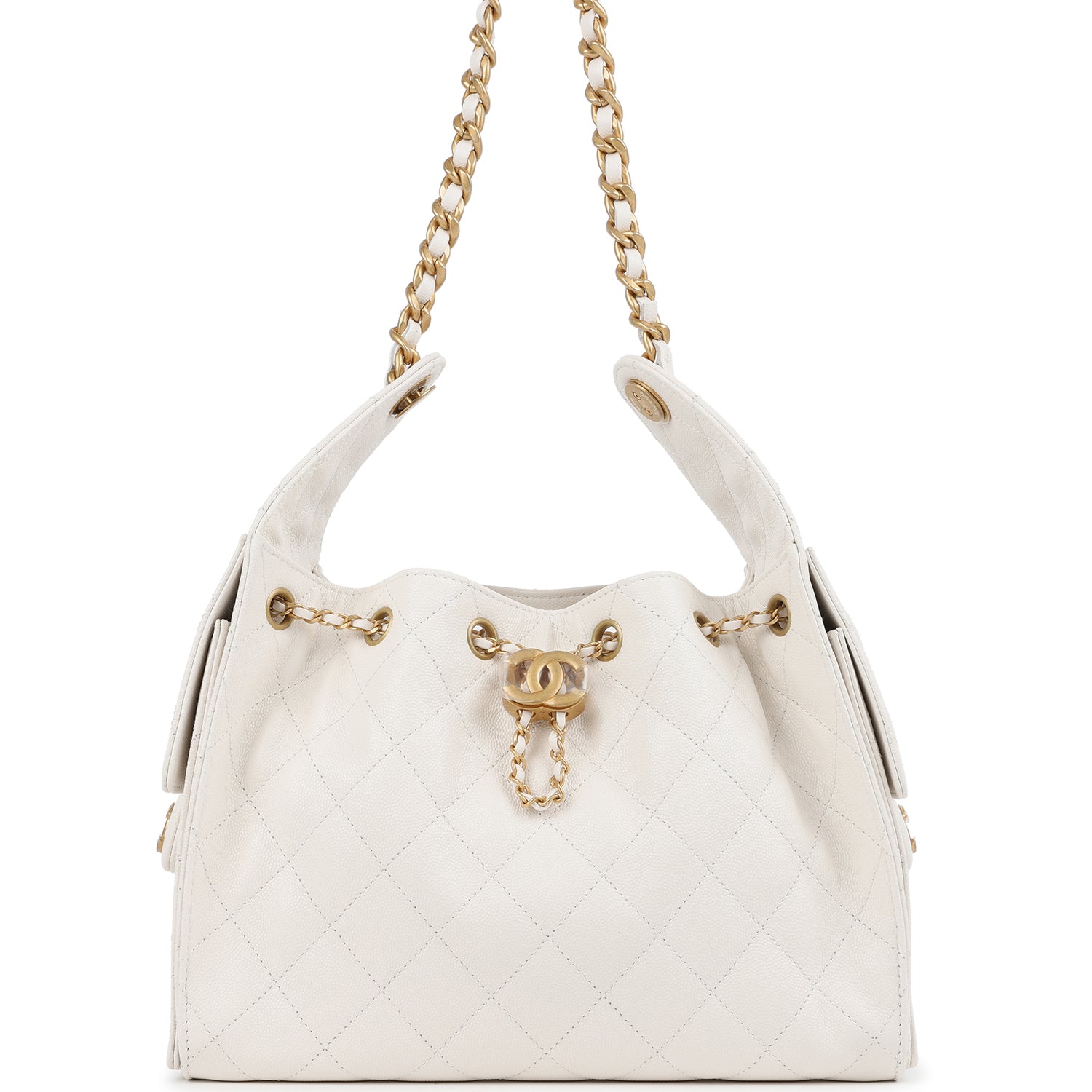 Chanel Small 25 Hobo Bag White Caviar Antique Gold Hardware