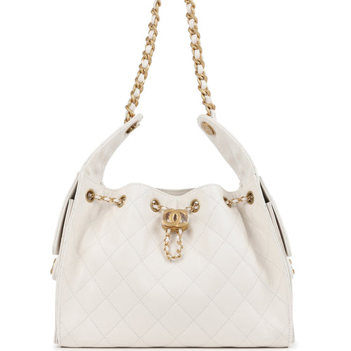 Chanel Small 25 Hobo Bag White Caviar Antique Gold Hardware