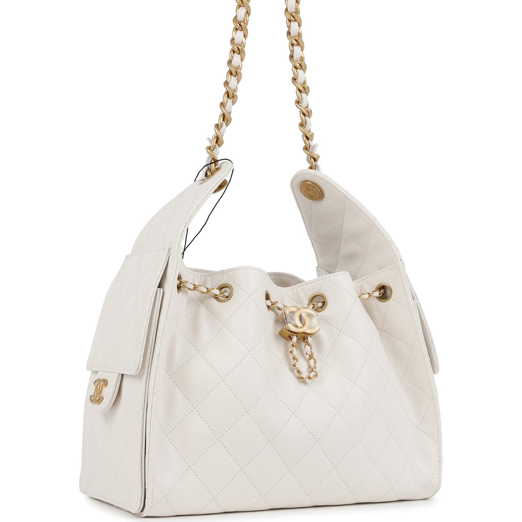 Chanel Small 25 Hobo Bag White Caviar Antique Gold Hardware