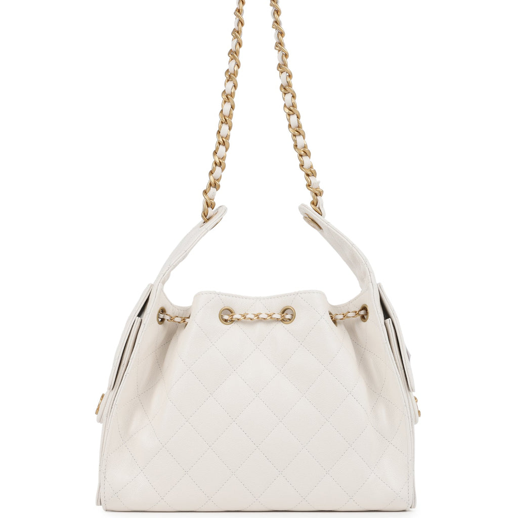 Chanel Small 25 Hobo Bag White Caviar Antique Gold Hardware