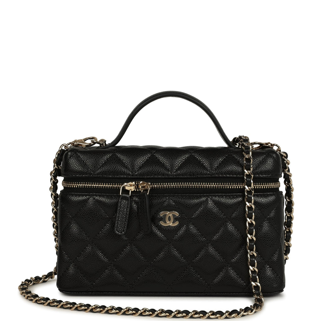 Chanel Top Handle Long Vanity Case with Chain Black Shiny Caviar Light Gold Hardware