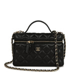 Chanel Top Handle Long Vanity Case with Chain Black Shiny Caviar Light Gold Hardware