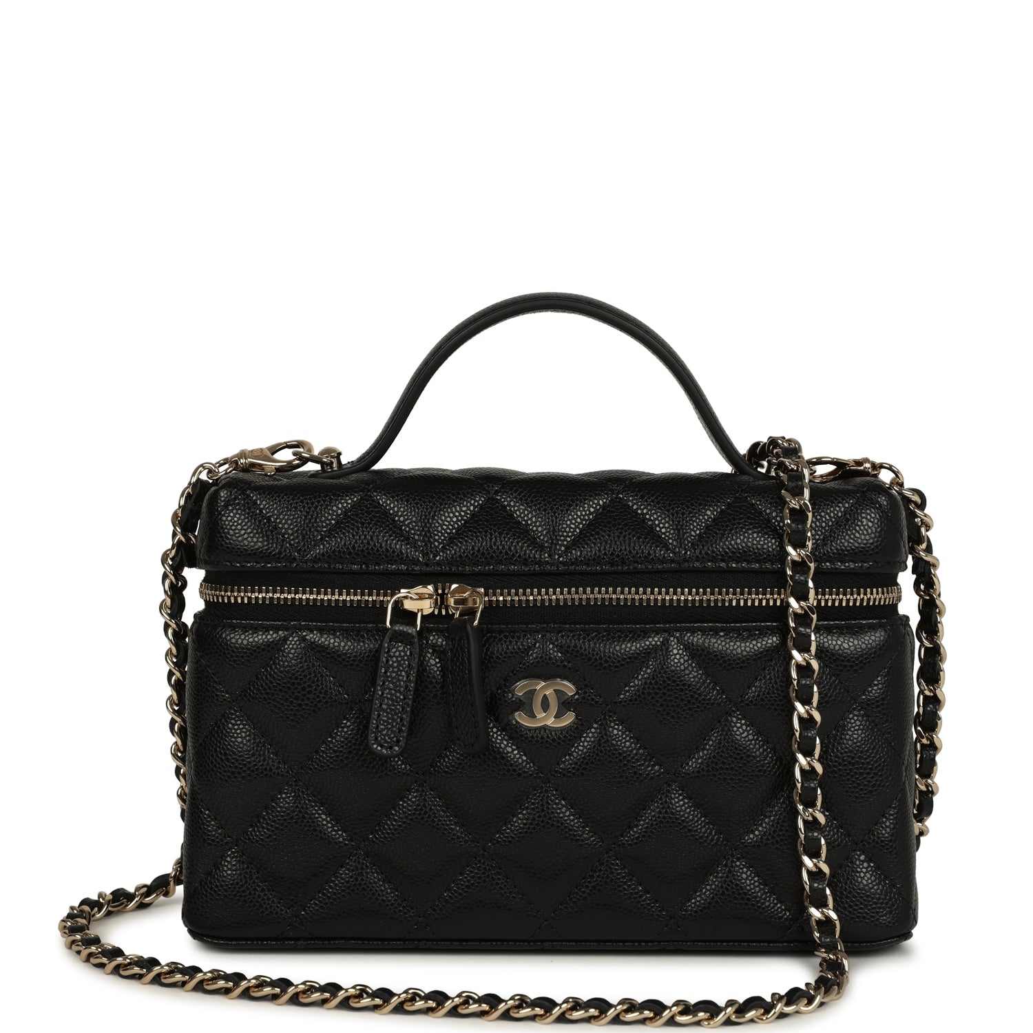 Chanel Top Handle Long Vanity Case with Chain Black Shiny Caviar Light Gold Hardware