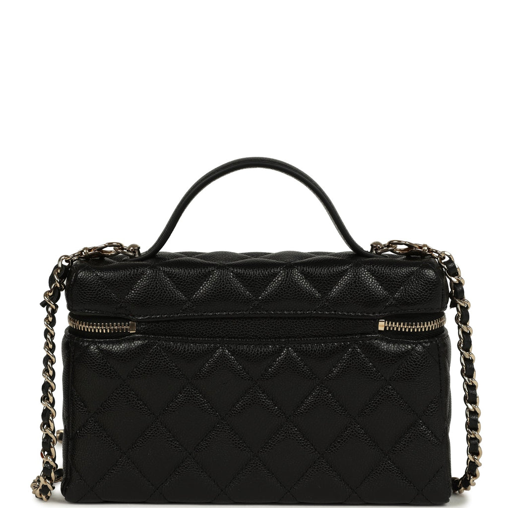 Chanel Top Handle Long Vanity Case with Chain Black Shiny Caviar Light Gold Hardware